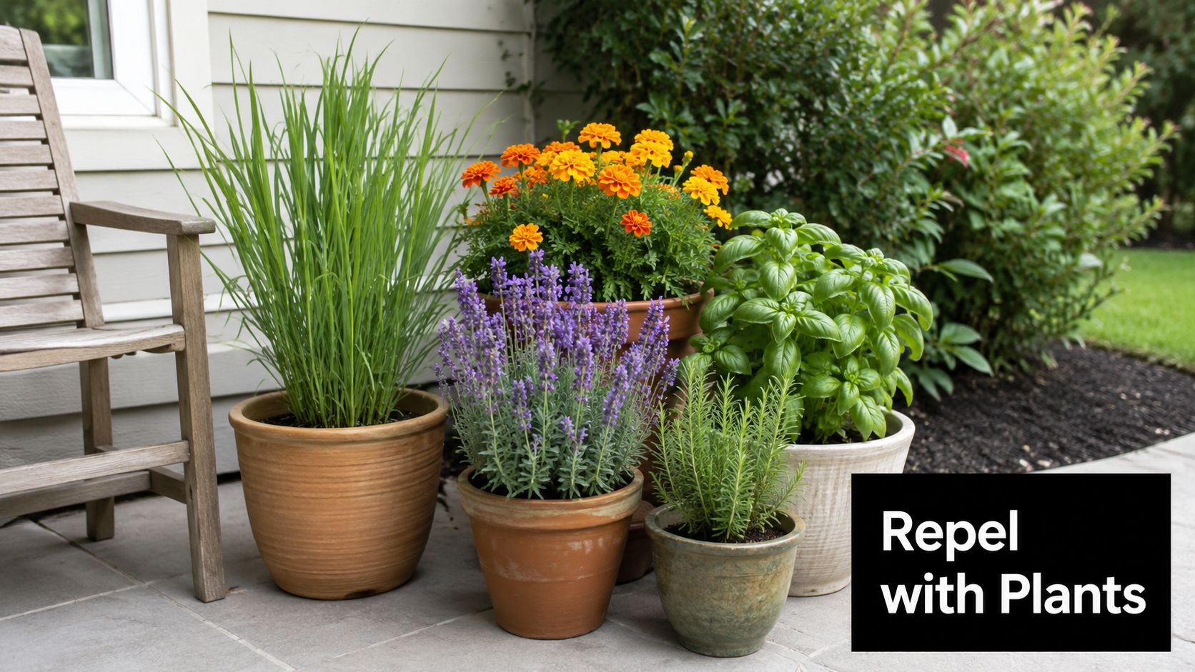 A collection of potted plants including marigolds, lavender, and herbs, known for their mosquito-repellent properties.