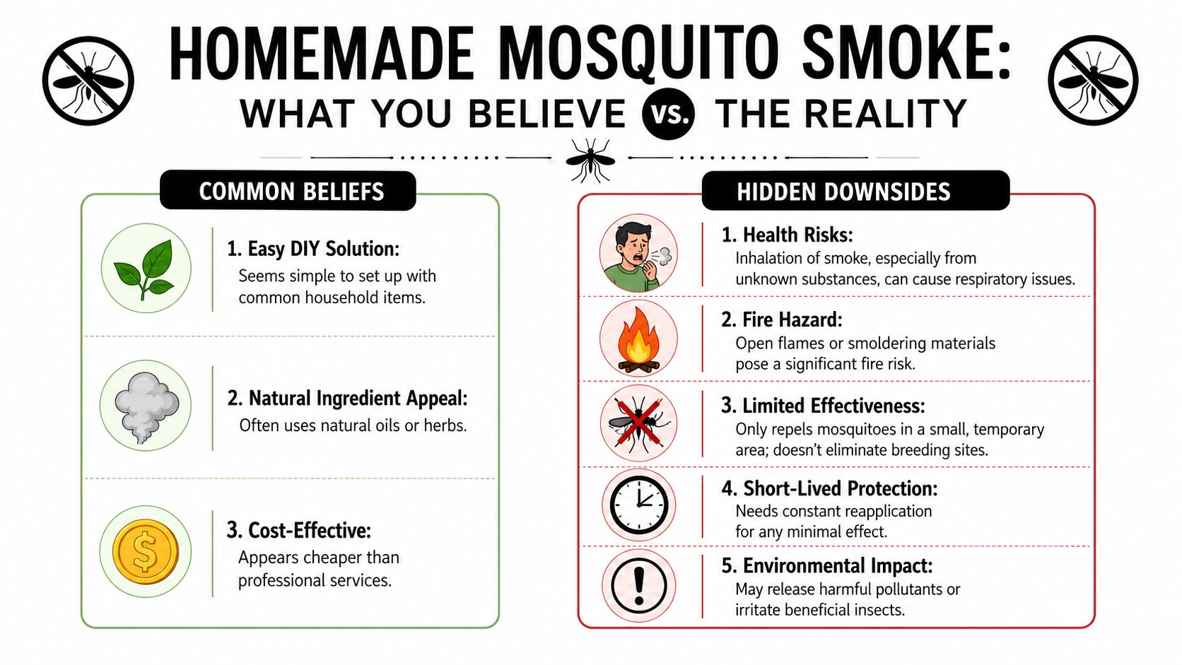 An infographic comparing common beliefs about homemade mosquito smoke with the hidden risks and realities of its use.
