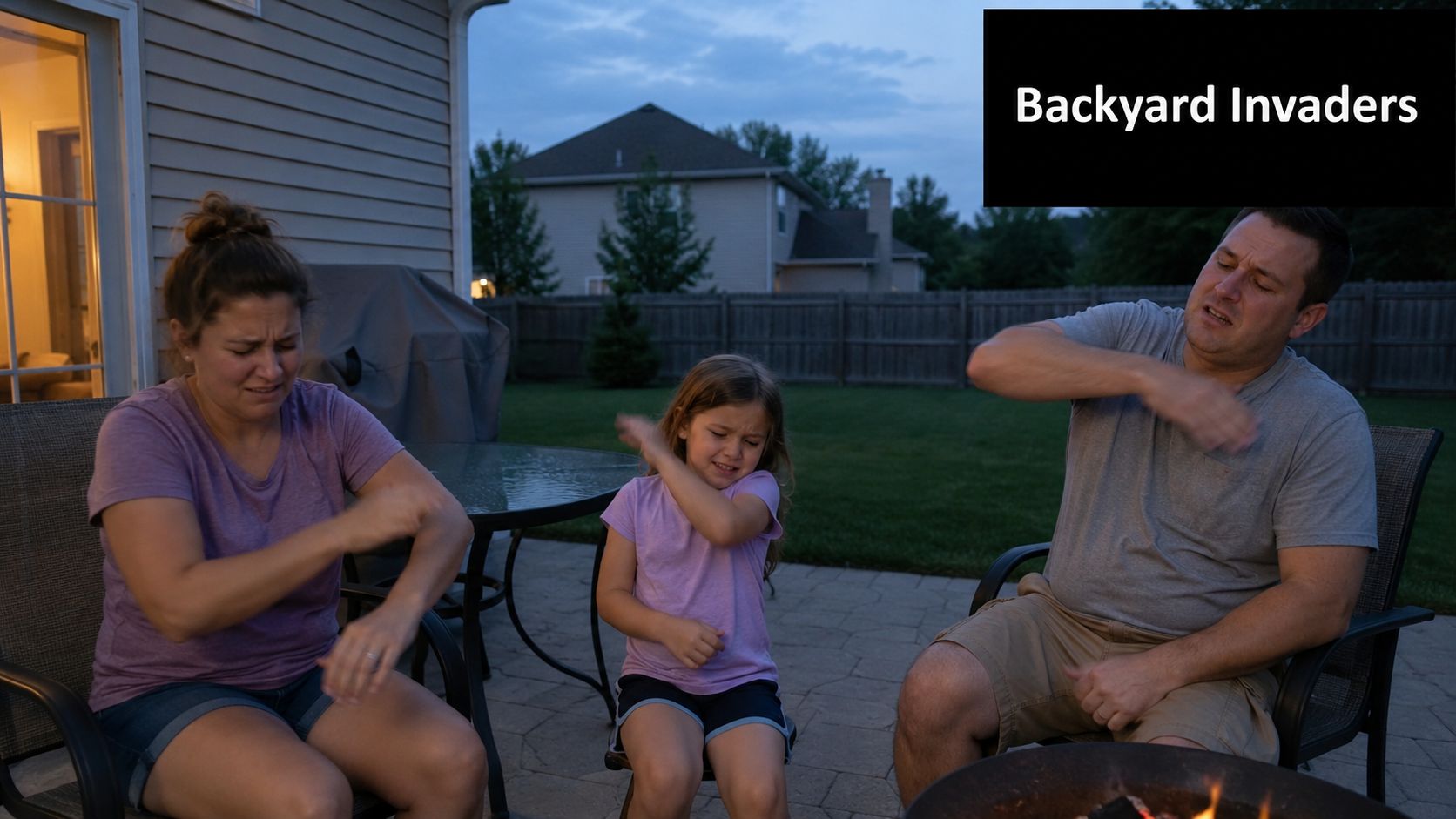 A family sitting outdoors in the evening, swatting away mosquitoes in their backyard.