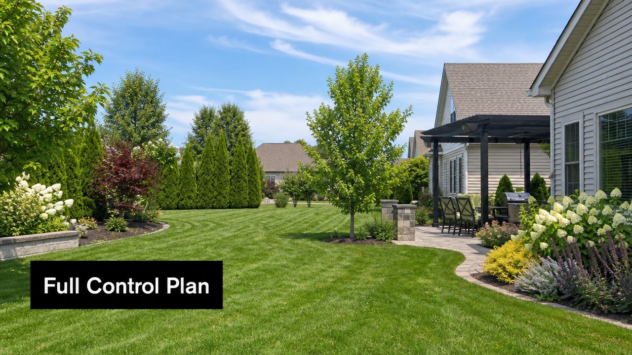 A neatly manicured residential backyard with a lush green lawn, trees, shrubs, and a patio area.