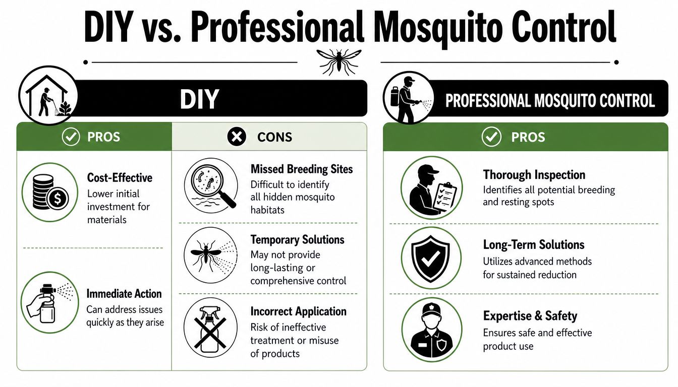 A comparative infographic outlining the pros and cons of DIY versus professional mosquito control services.
