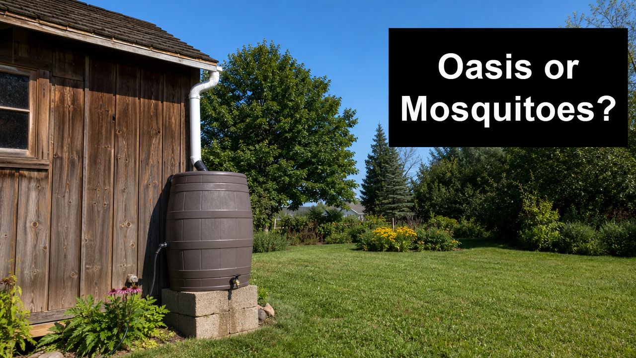 A wooden shed with a rain barrel attached to the gutter system in a green garden.