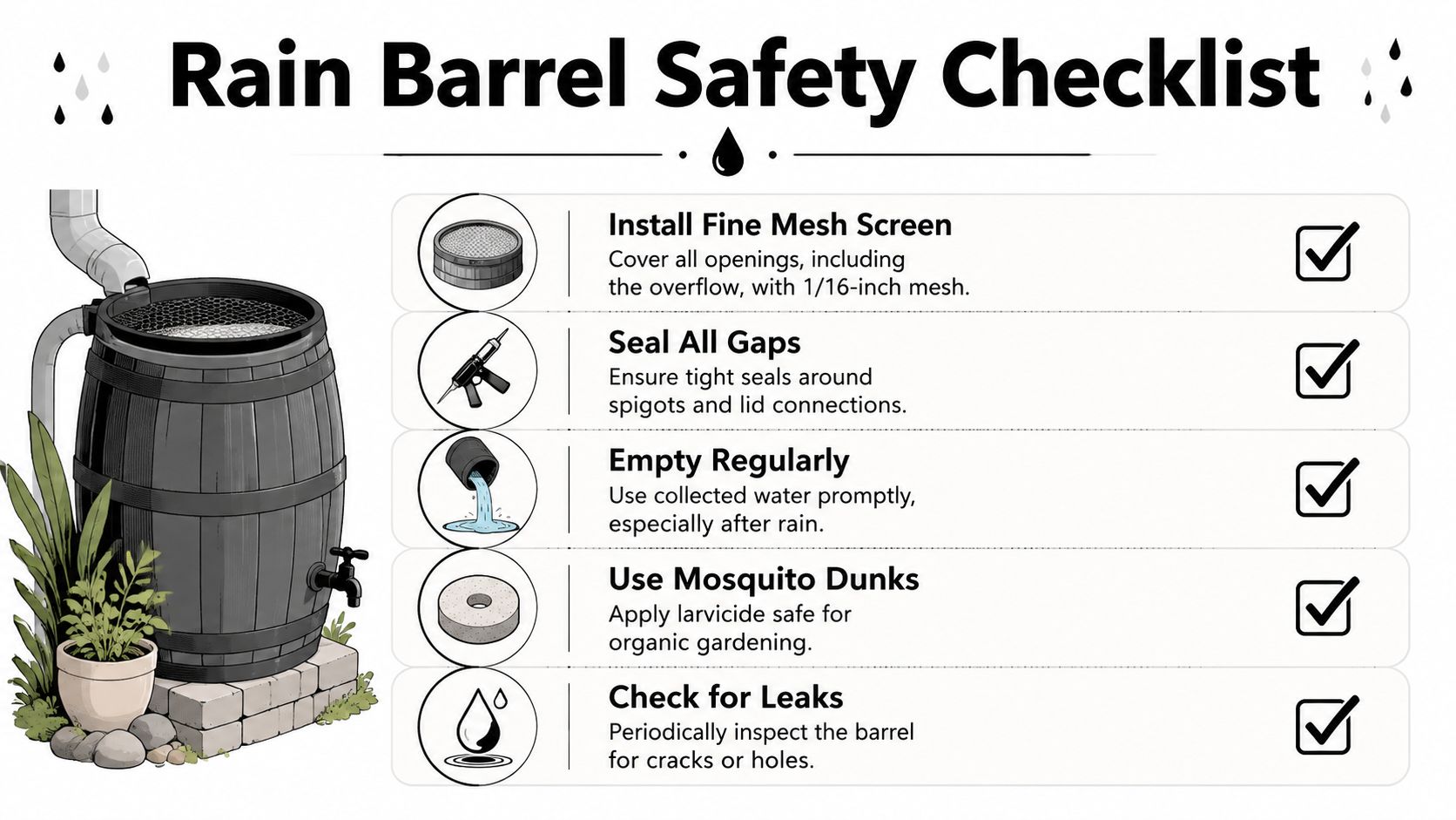 A safety checklist illustration for preventing mosquitoes in rain barrels with five essential maintenance steps.
