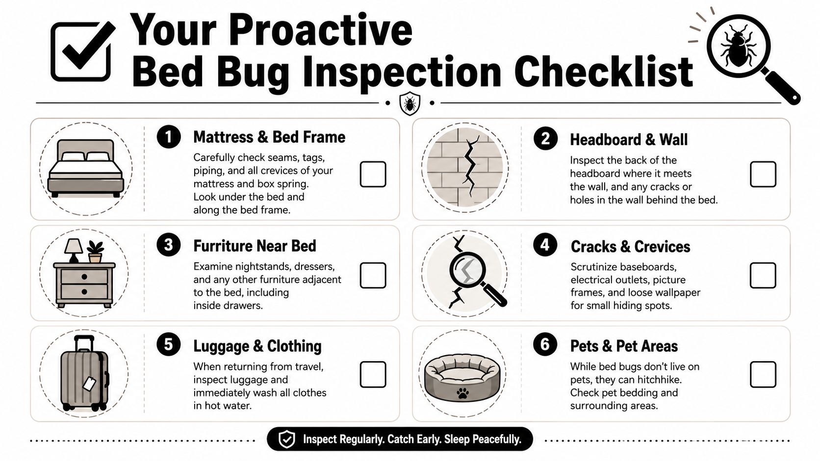 A proactive bed bug inspection checklist infographic illustrating six areas in a home to check for pests.