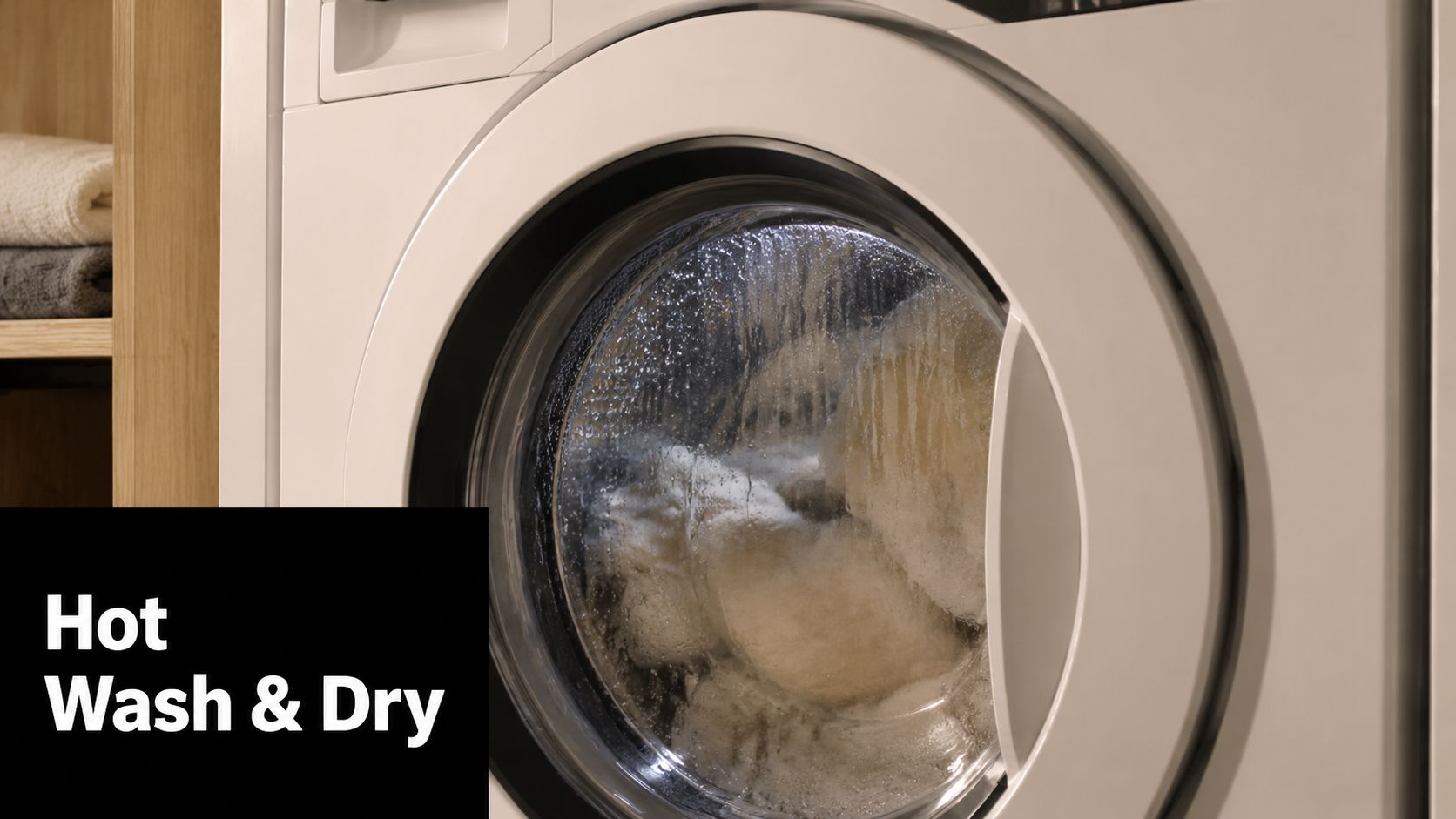 A close-up view of a modern white washing machine dryer combination cleaning clothes during a cycle.
