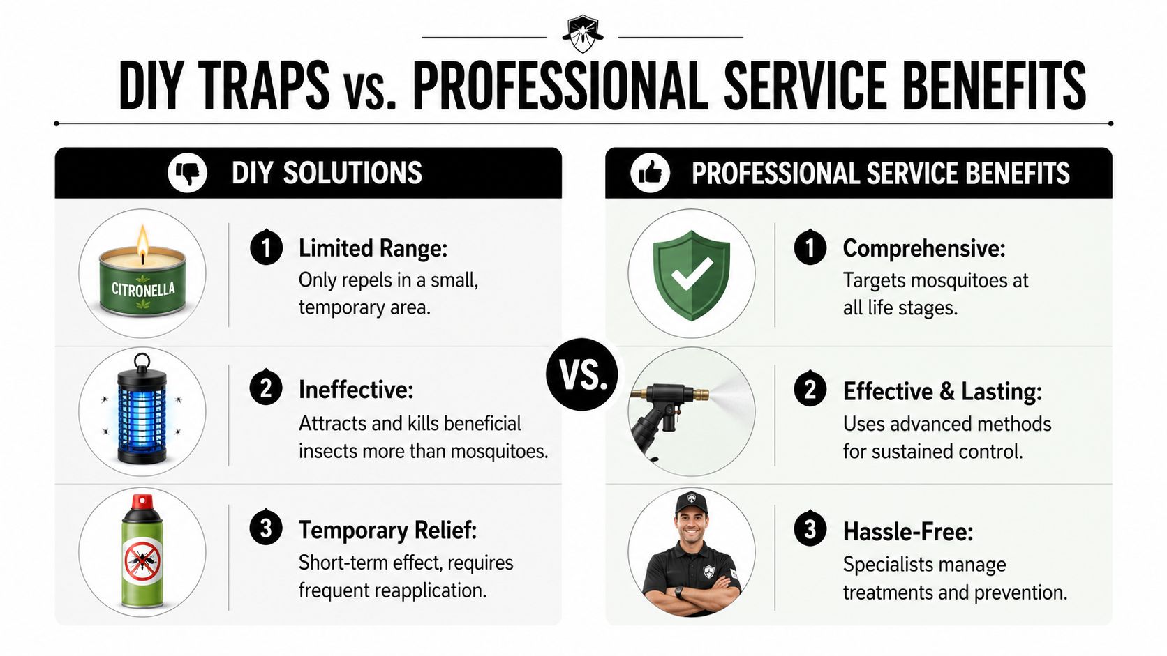 A comparison infographic showing the drawbacks of DIY mosquito traps versus professional mosquito control service benefits.
