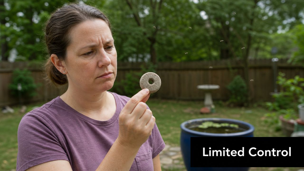 A concerned woman holding a mosquito dunk over her backyard pond while mosquitoes fly around her.
