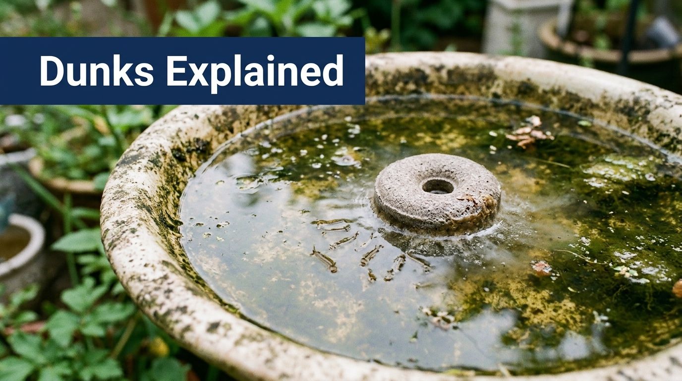 A mosquito dunk floating in a birdbath containing standing water and mosquito larvae to control population.