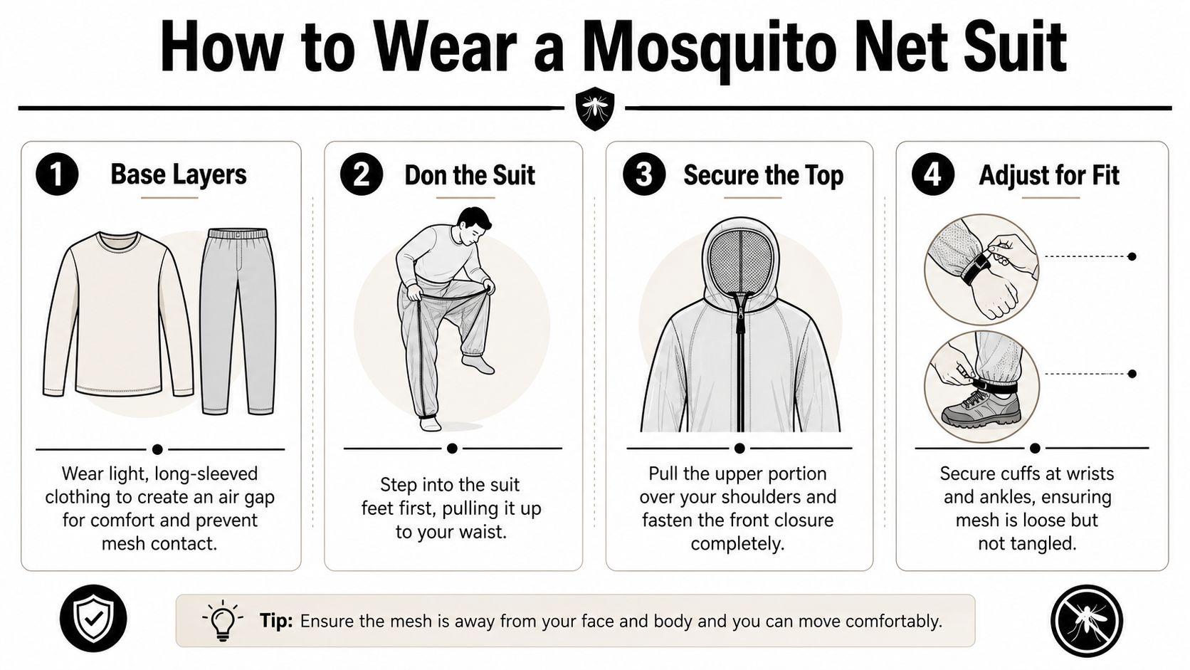 A four-step infographic illustrating how to properly wear a protective mosquito net suit outdoors.