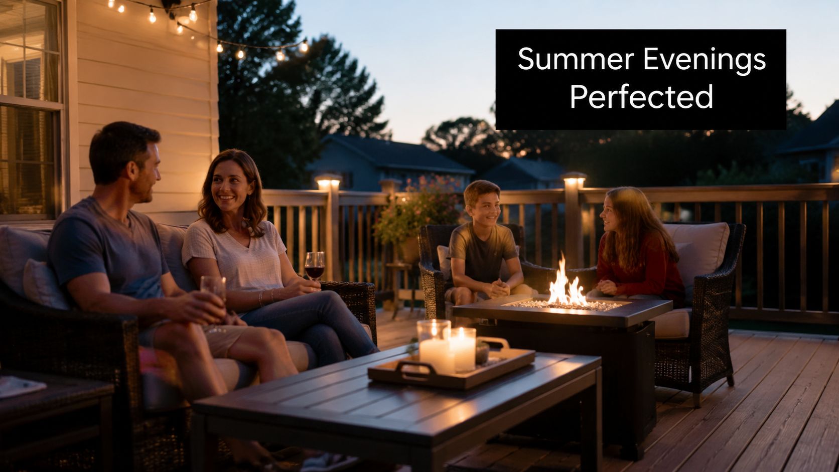 A happy family relaxing on an outdoor deck during a summer evening with a fire pit