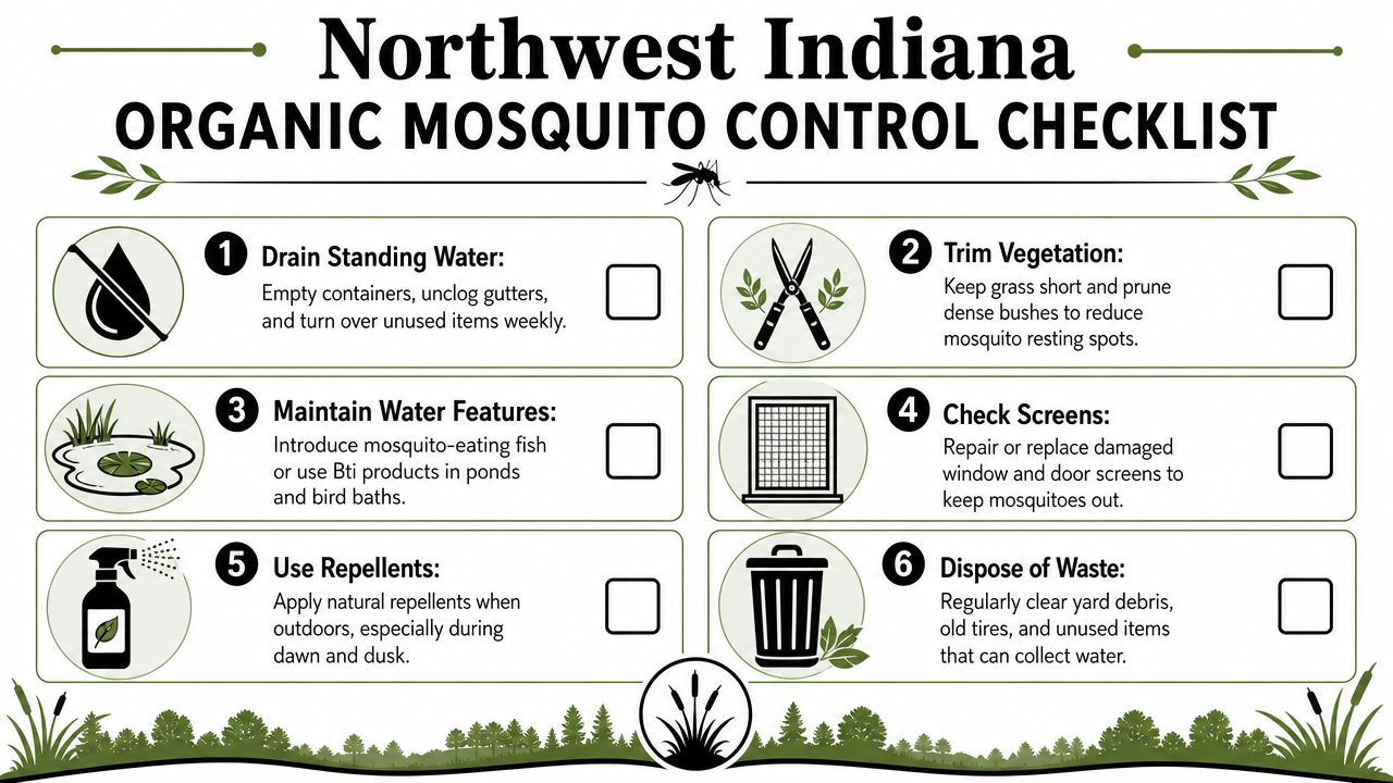 A checklist illustrating six effective steps for organic mosquito control in Northwest Indiana residential outdoor spaces.