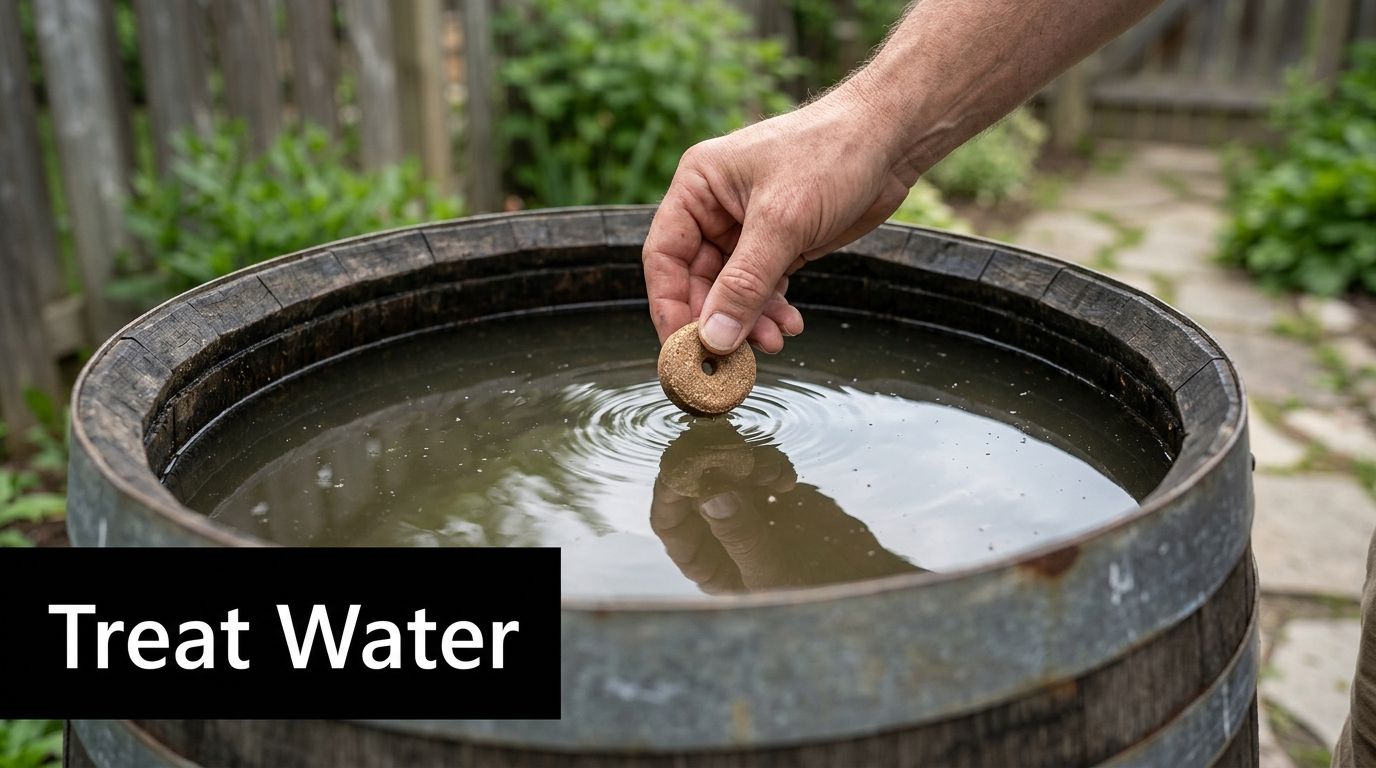A hand placing a mosquito dunk into a rain barrel to control mosquito larvae naturally.