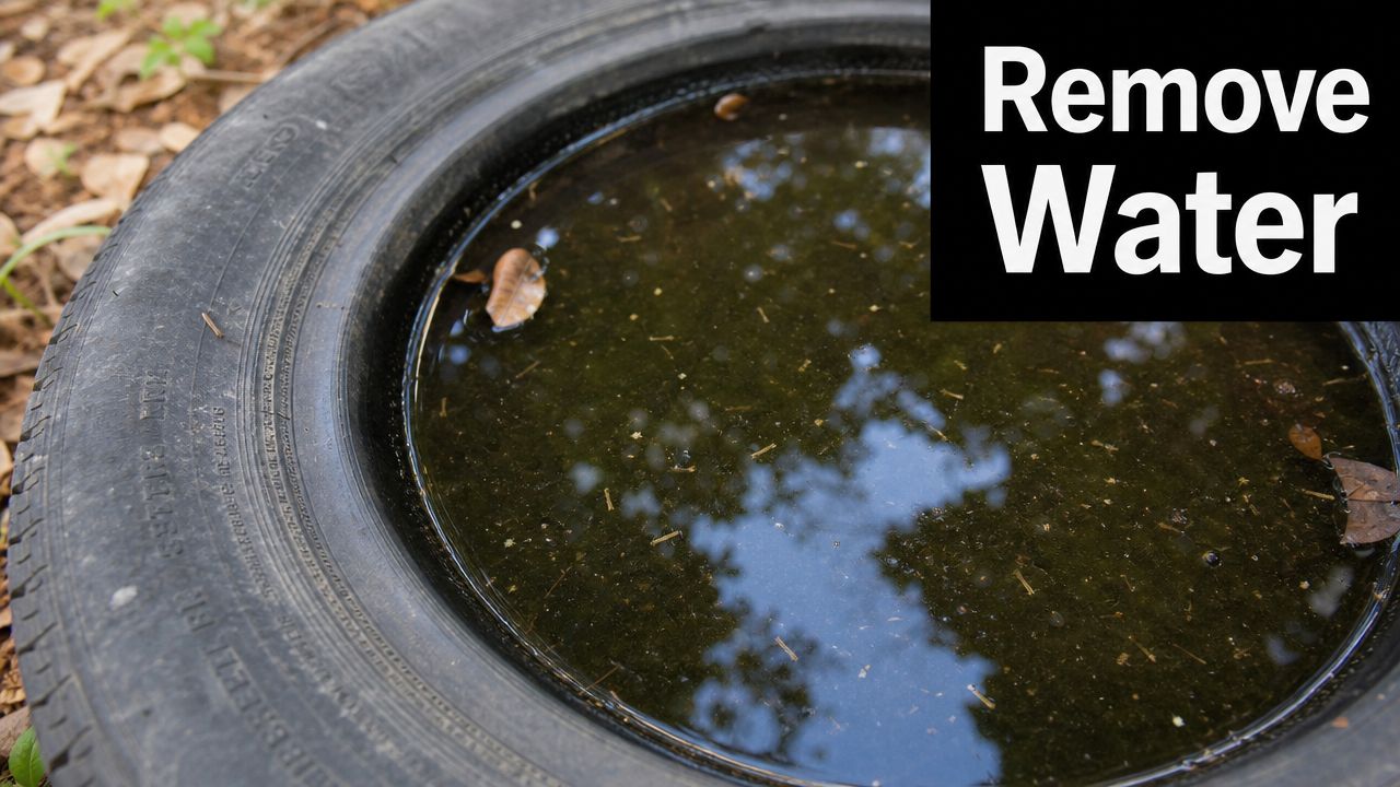 A close-up of a discarded tire filled with stagnant water, a common breeding ground for mosquitoes.