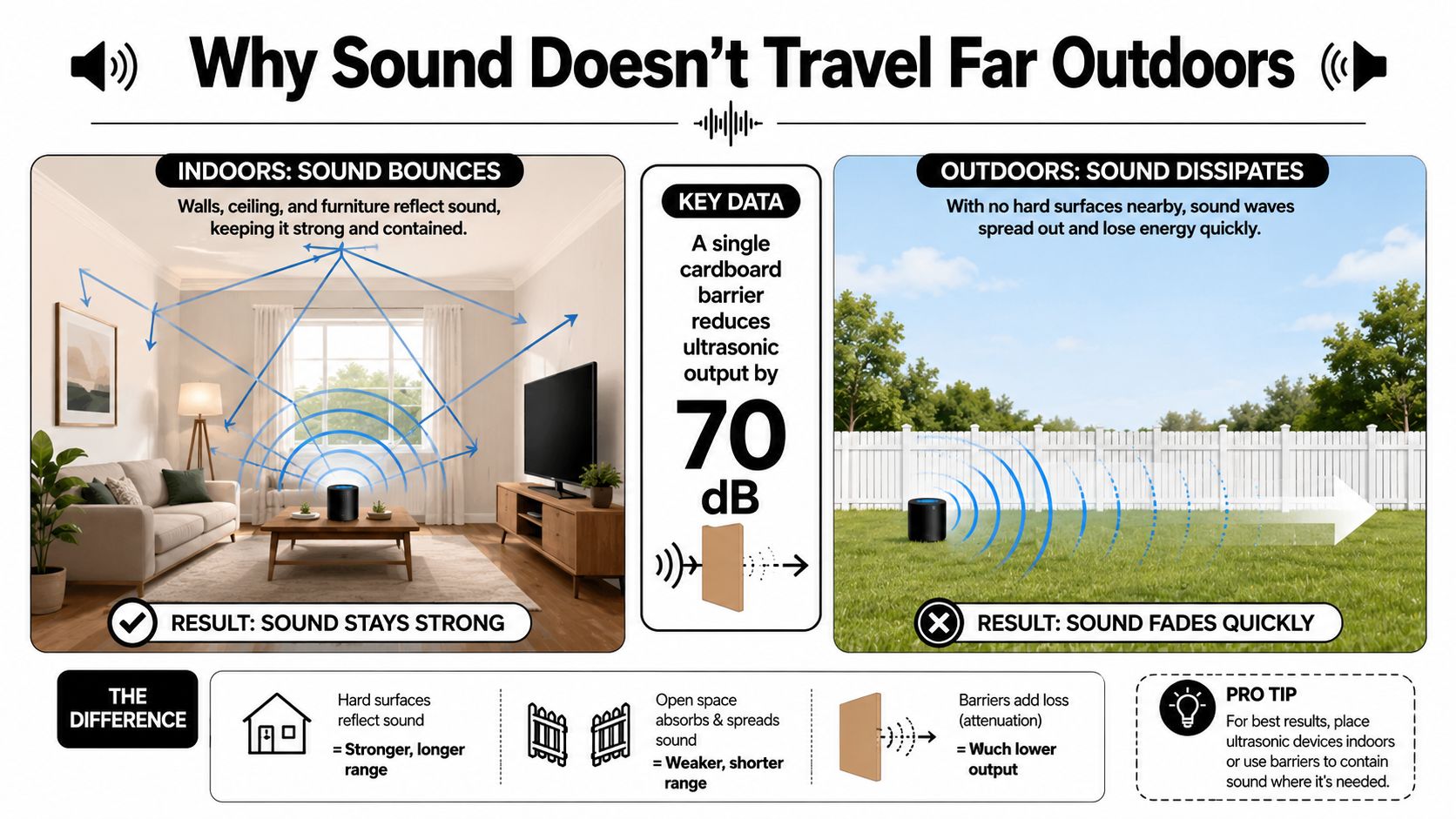 An infographic comparing how sound behaves indoors by bouncing off surfaces versus dissipating outdoors in open spaces.