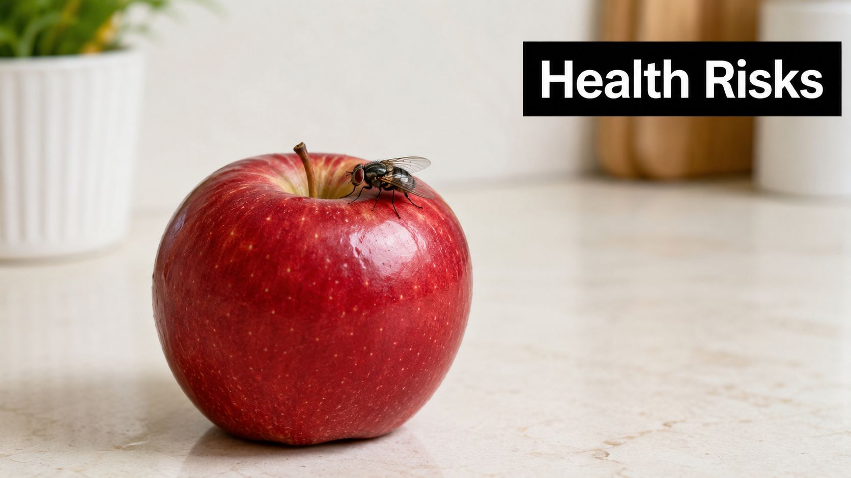 A house fly resting on a fresh red apple, highlighting potential food contamination and household health risks.