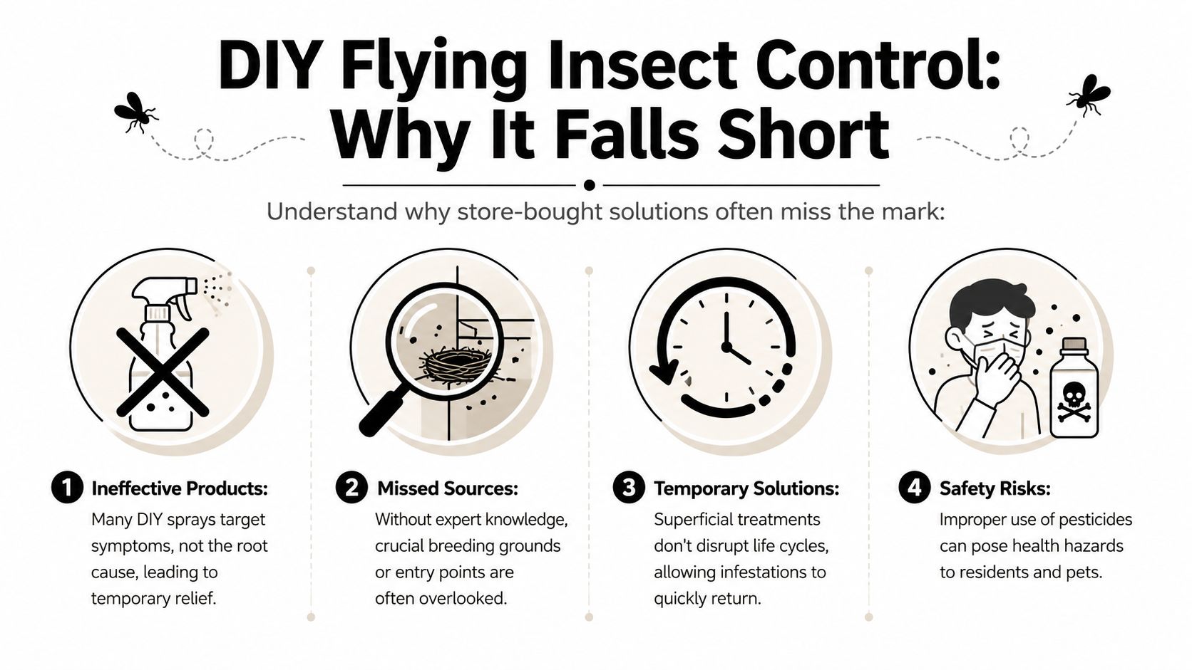 An infographic titled DIY Flying Insect Control explaining why store-bought methods often fail to eliminate infestations.