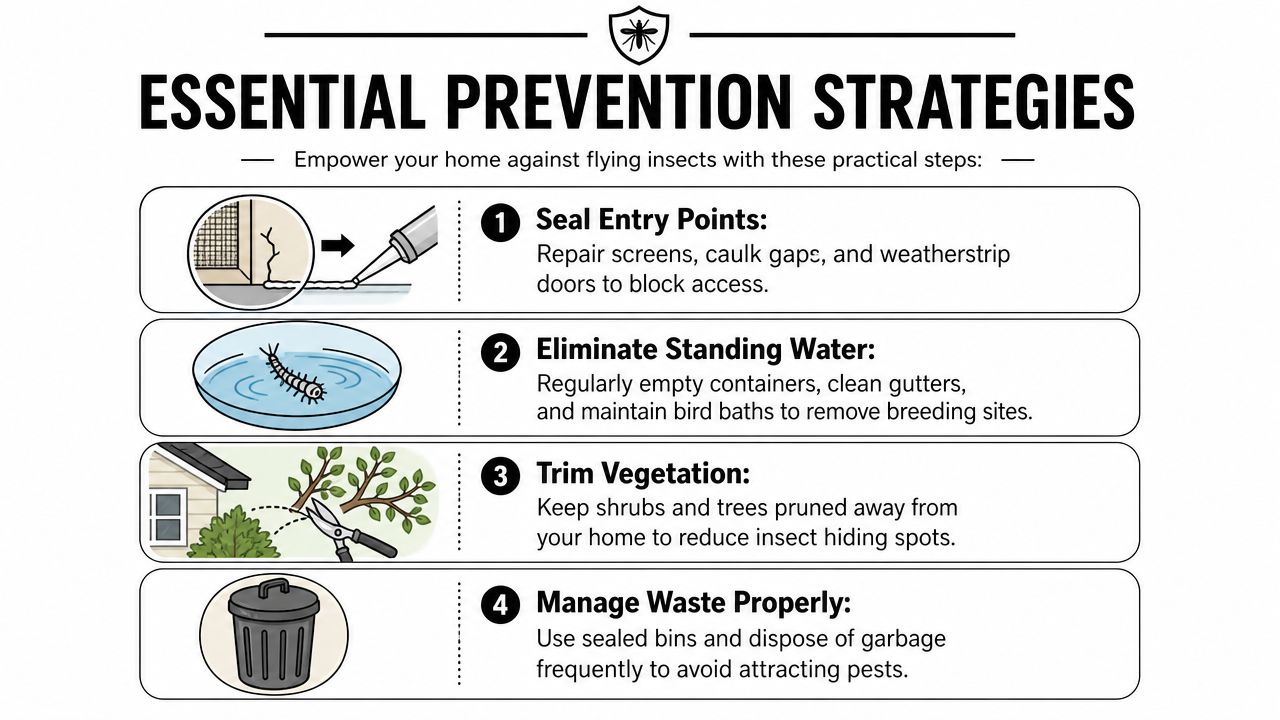 An infographic detailing four essential strategies for preventing flying insect infestations around your home.