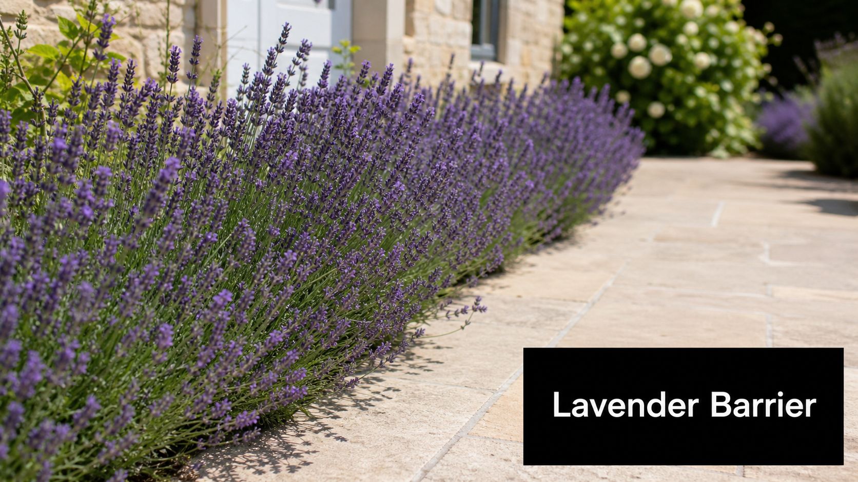 A row of vibrant purple lavender plants acting as a natural garden border along a stone pathway.