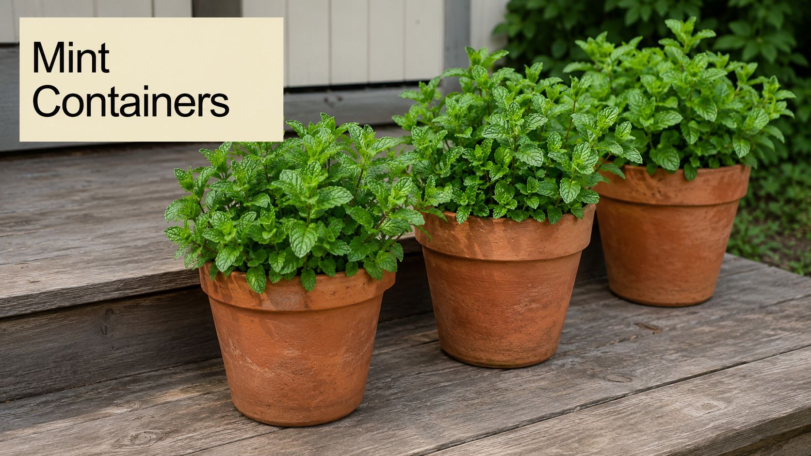 Three terracotta pots filled with fresh green mint plants sitting on wooden steps outdoors.