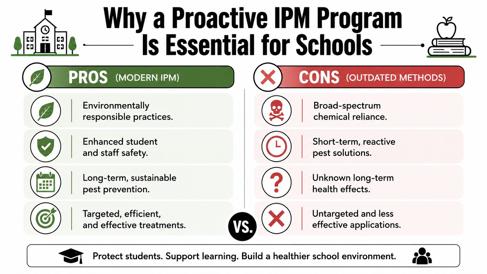 A comparative infographic highlighting the benefits of modern IPM practices over outdated school pest control methods.