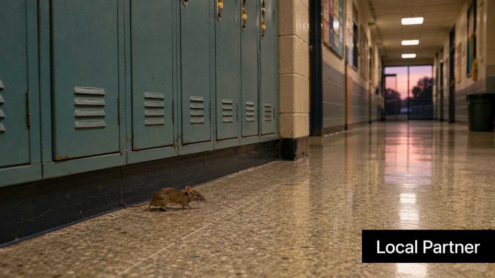 A small brown mouse walking across a polished floor in a quiet school hallway with lockers.