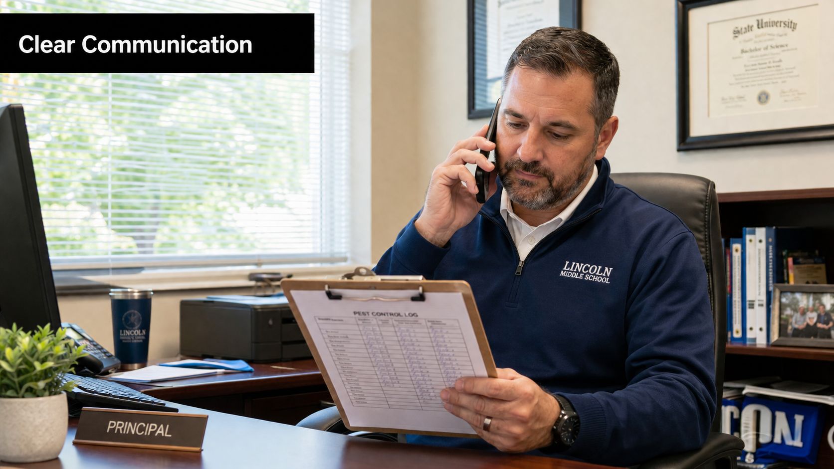 A school principal sitting at his office desk while on a phone call and reviewing a log.