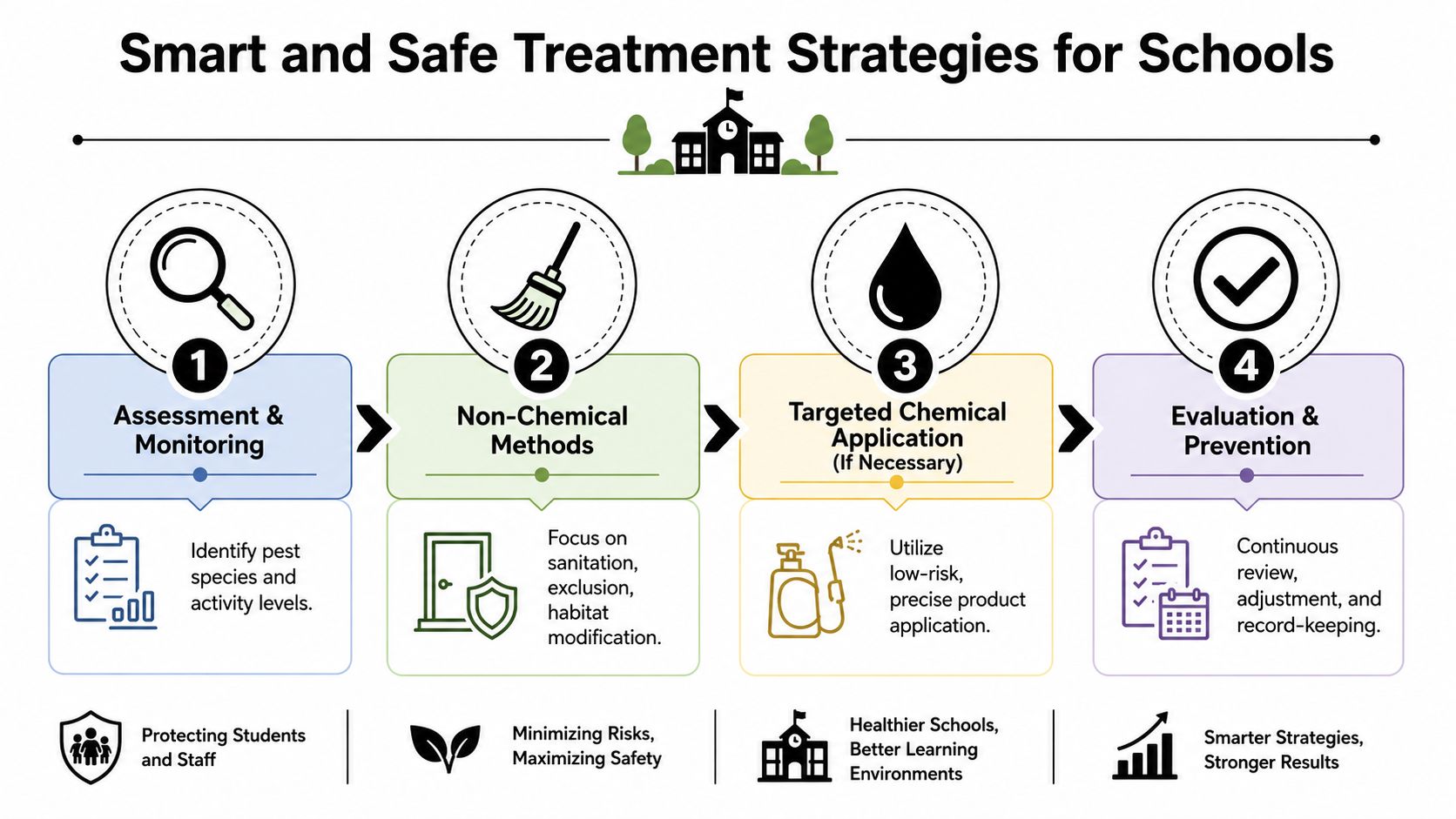 A four-step infographic illustrating smart and safe school pest control strategies for a healthier learning environment.