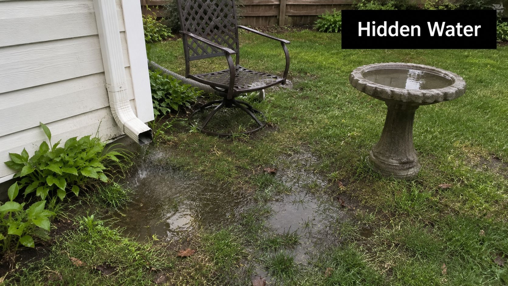 Rainwater pooling on a backyard lawn next to a house downspout and a birdbath causing moisture issues.