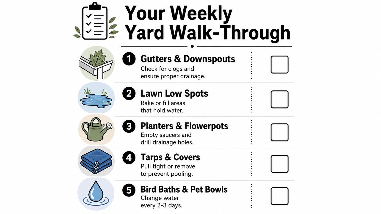 A weekly yard inspection checklist to prevent mosquito breeding grounds by removing standing water from outdoor items.