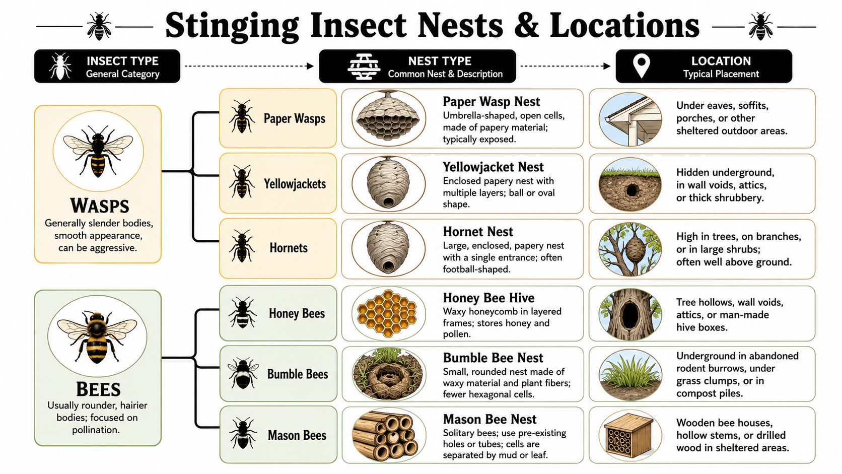 A comprehensive infographic illustrating different types of stinging insect nests, their physical characteristics, and typical nesting locations.