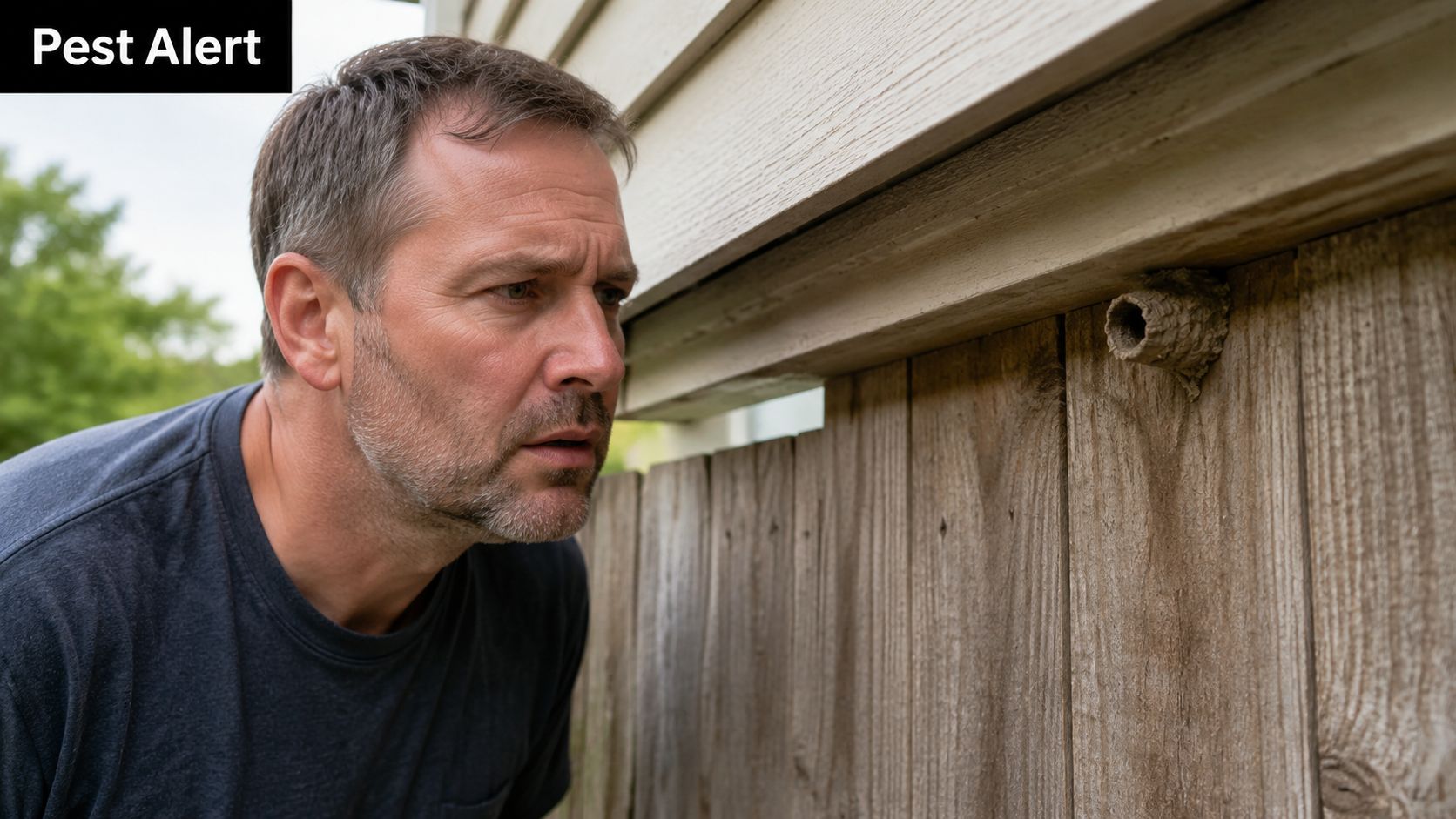 A concerned homeowner inspects a small mud nest built into the wooden fence of his home.