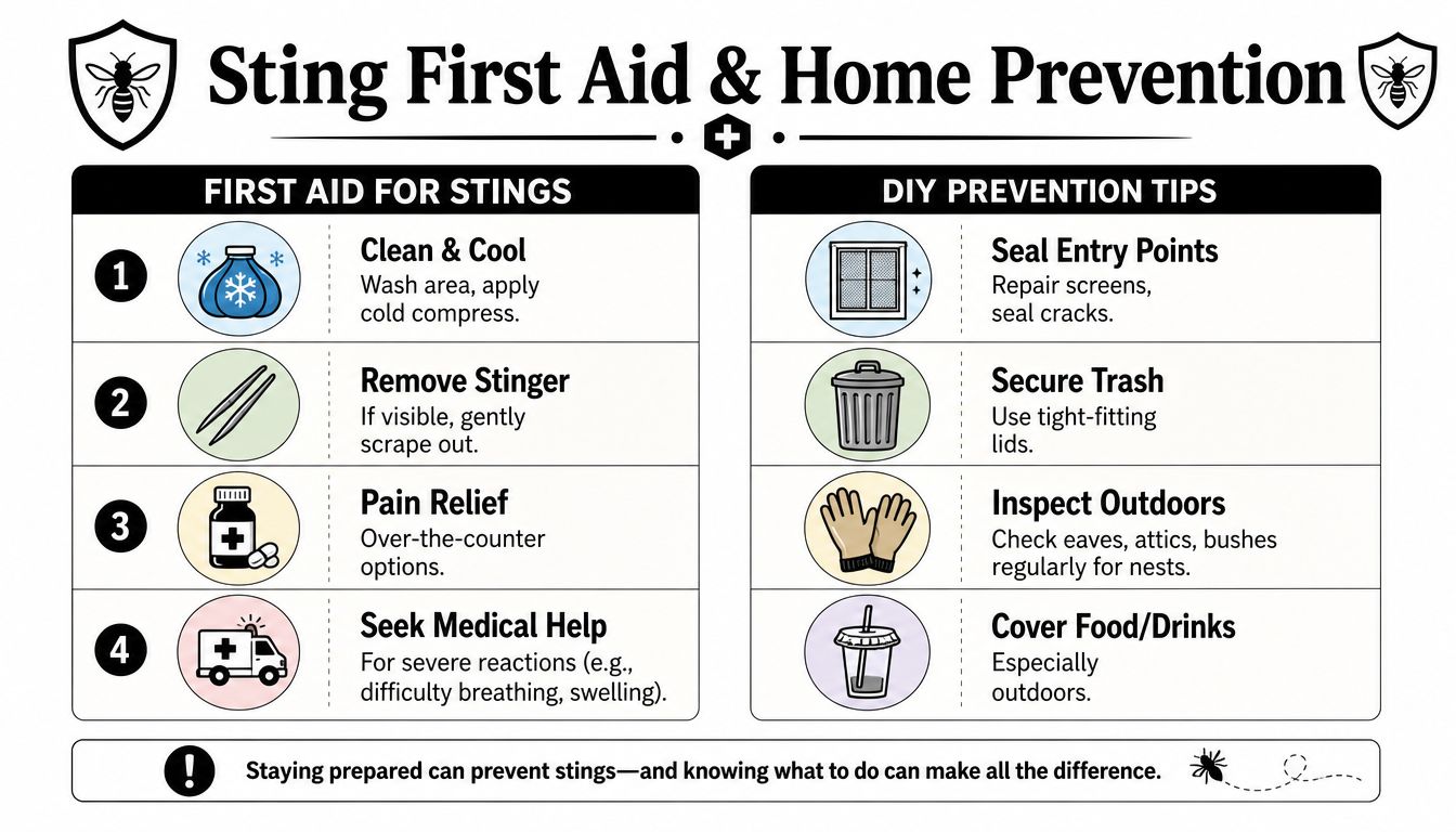 An infographic titled Sting First Aid & Home Prevention outlining steps for treating stings and preventing infestations.