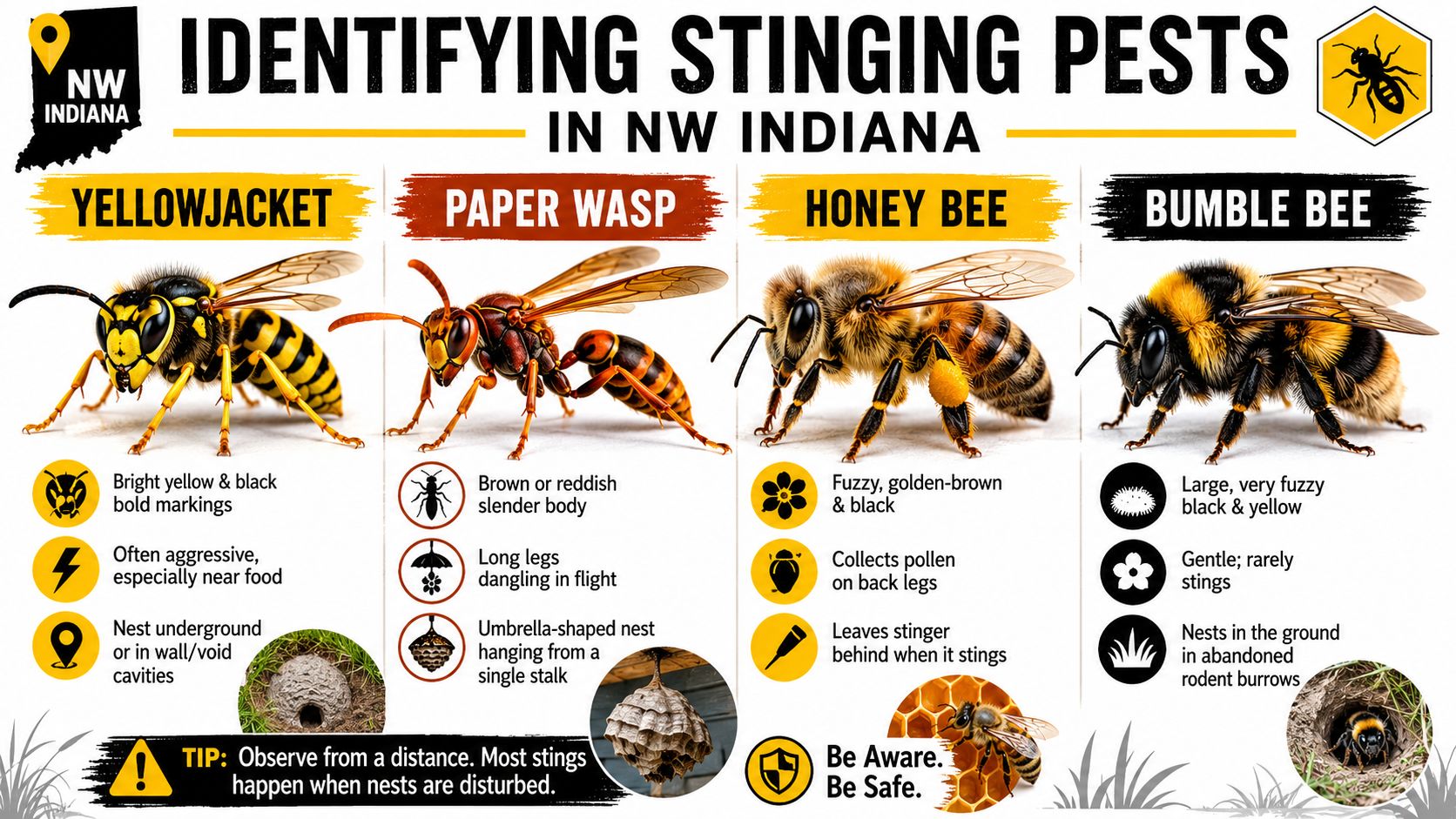 A chart showing four common stinging insects in Northwest Indiana, including their physical descriptions and nesting habits.