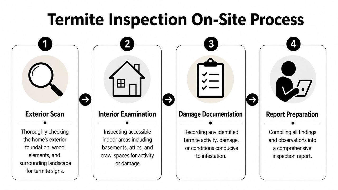 A four-step infographic illustrating the professional on-site termite inspection process for residential homes.