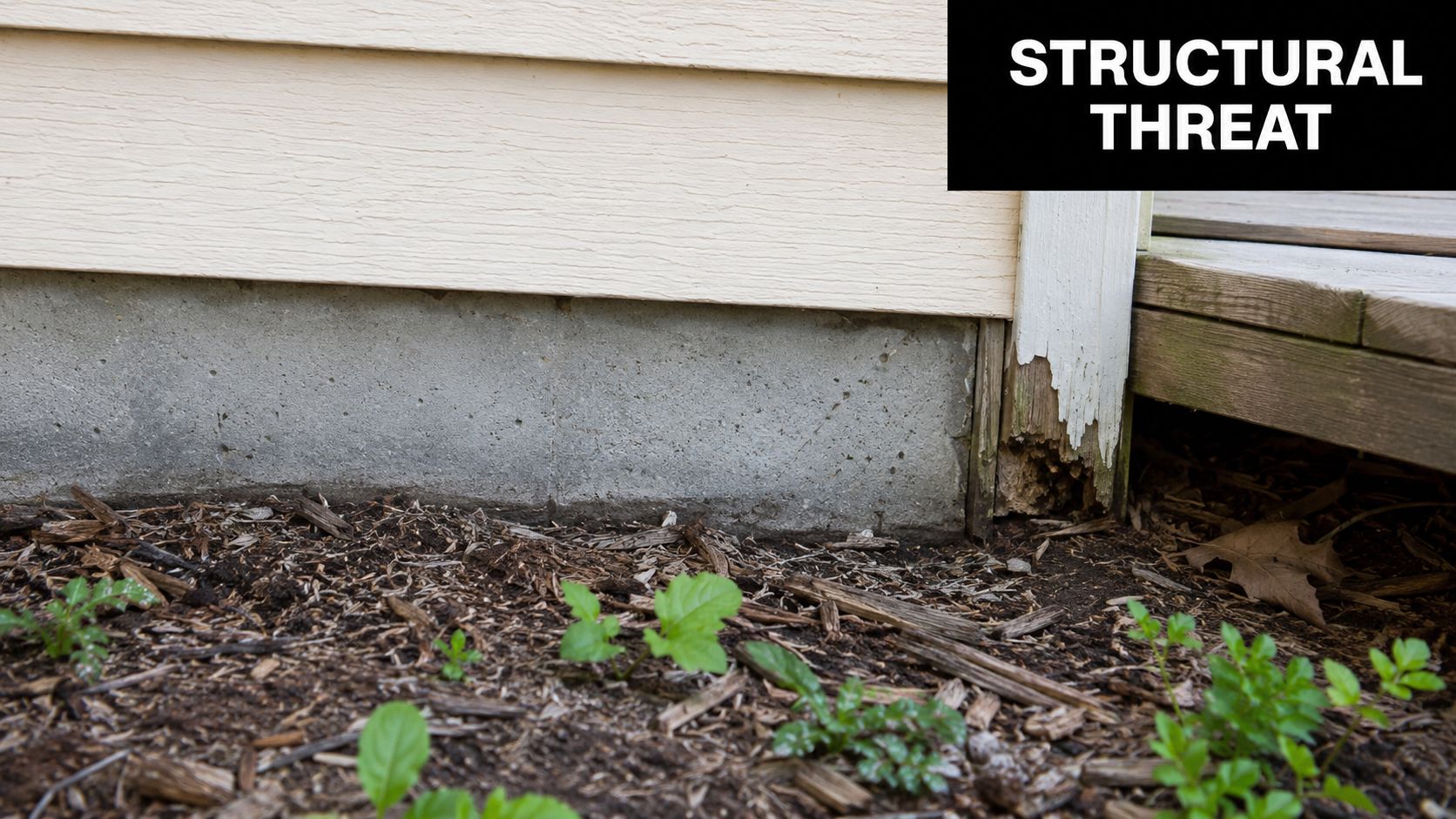 Exterior house wall showing rotting wood post at the base, indicating a potential termite infestation risk.