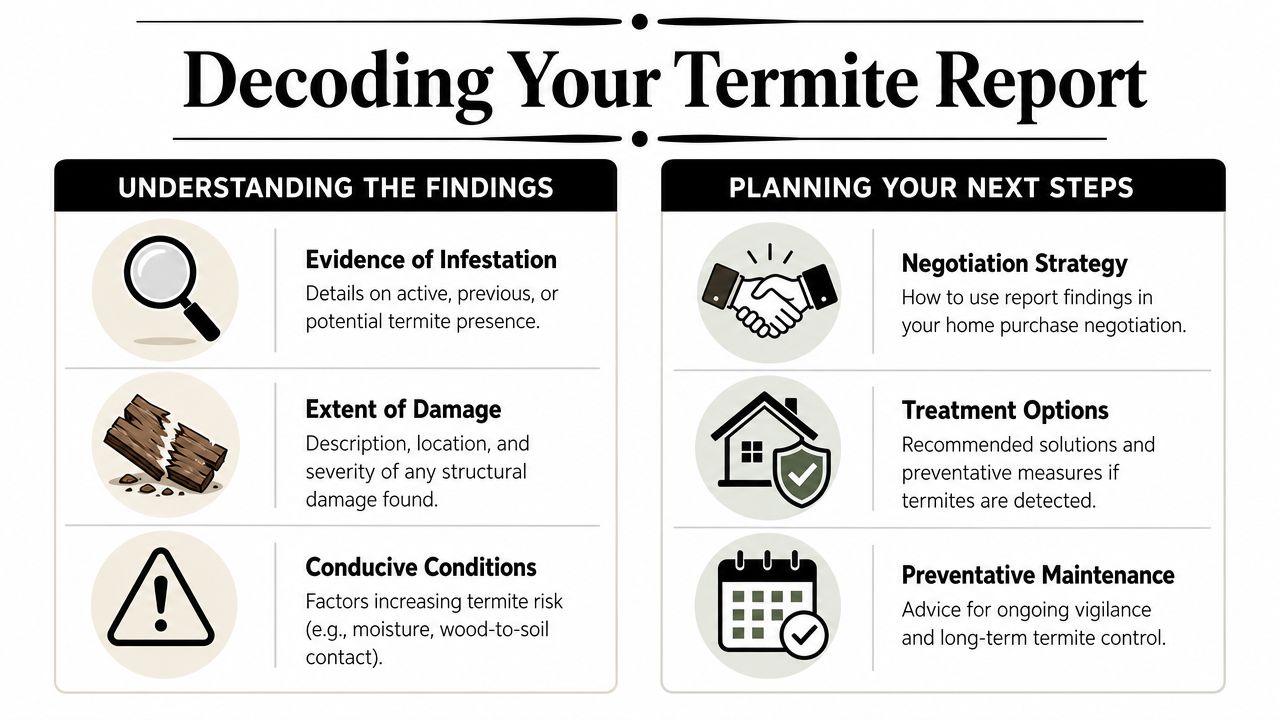 An infographic titled Decoding Your Termite Report explaining key findings and next steps for home buyers.