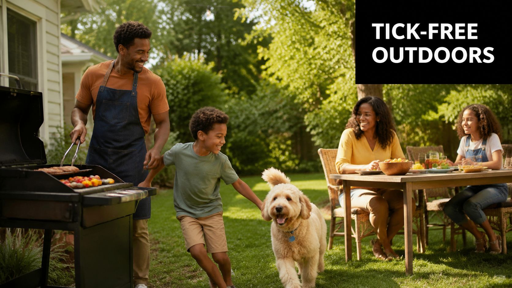A happy family enjoys a barbecue in their backyard with a dog on a sunny day.