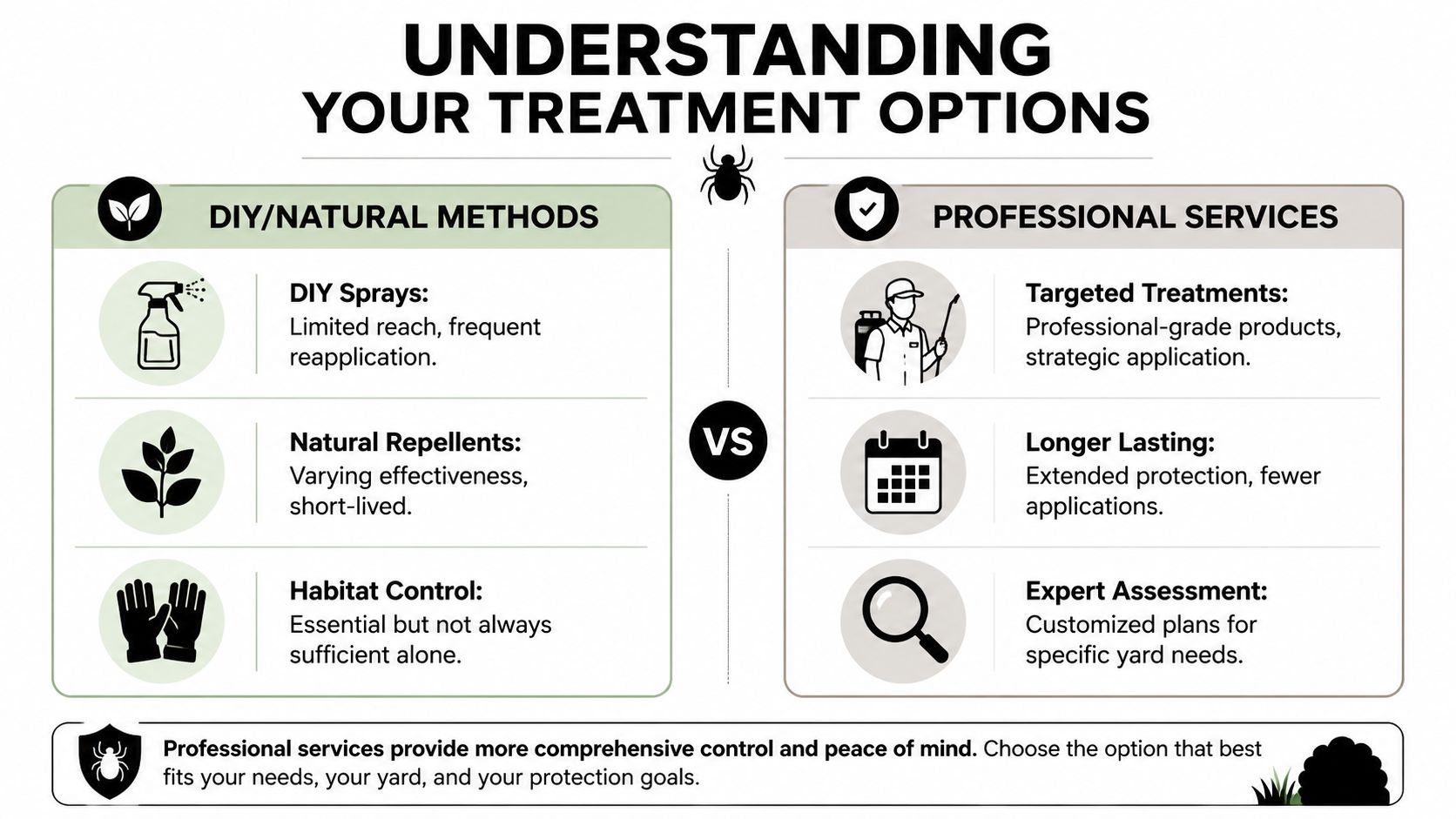A comparison chart showing the differences between DIY natural methods and professional services for tick yard control.