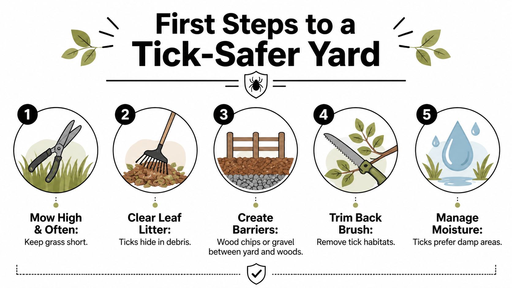 An infographic showing five essential steps to maintain a tick-safer yard to help prevent tick-borne diseases.