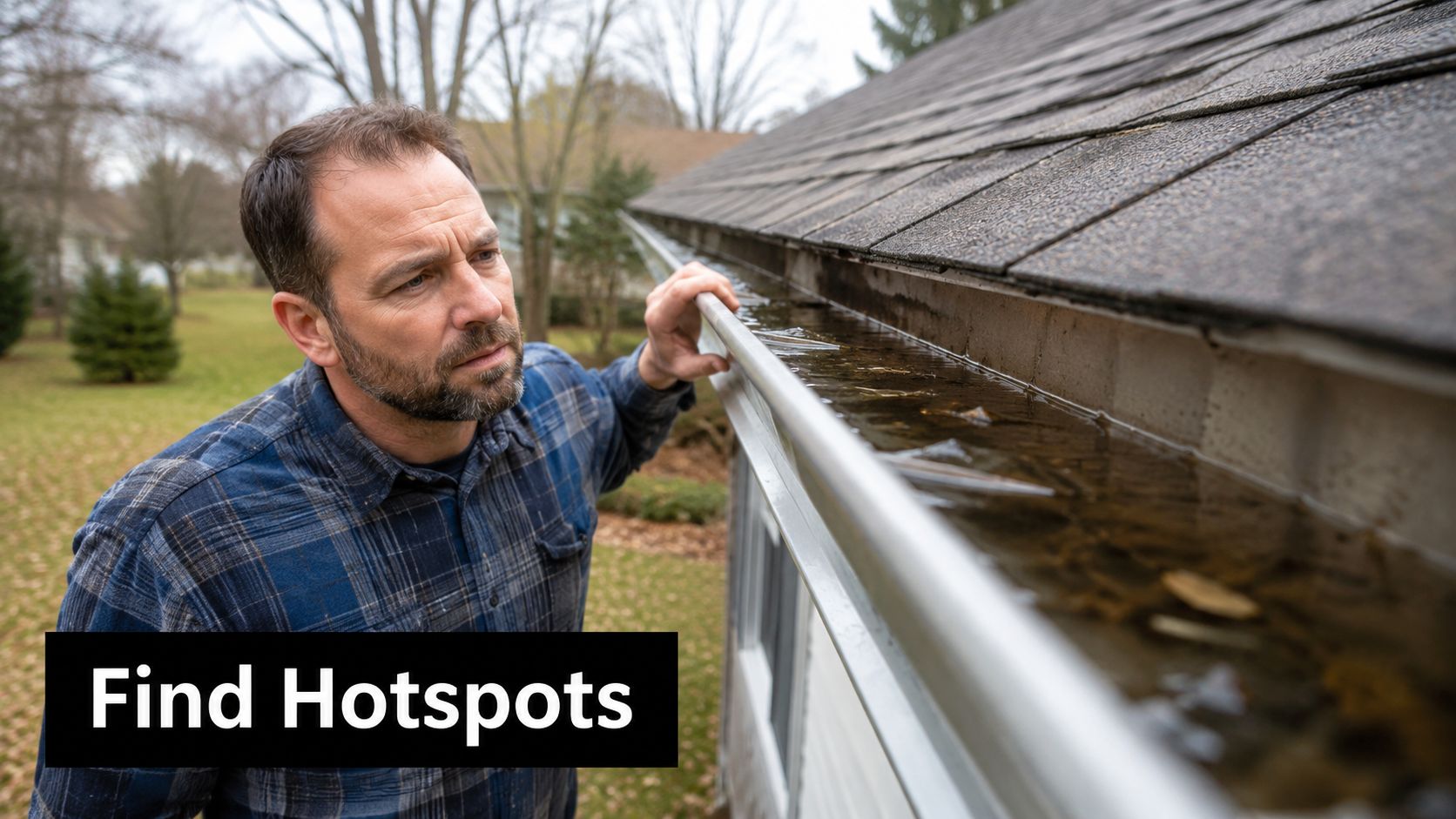 A man inspecting a gutter filled with stagnant water and debris on the side of a house.