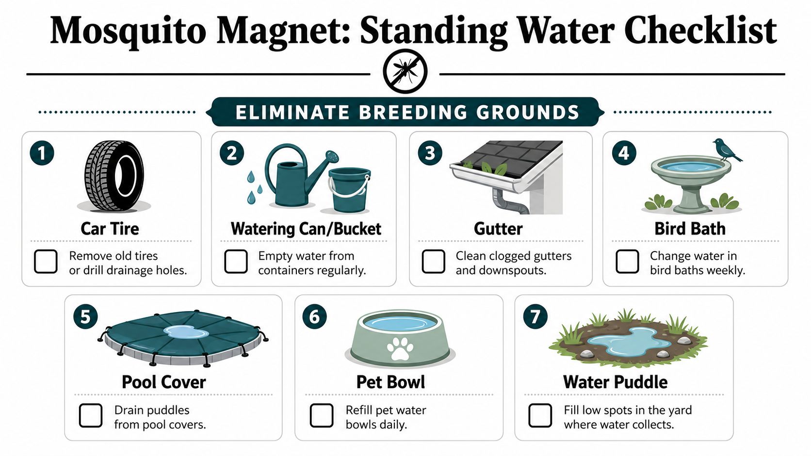 A checklist infographic illustrating seven common outdoor areas where standing water collects and mosquito breeding occurs.