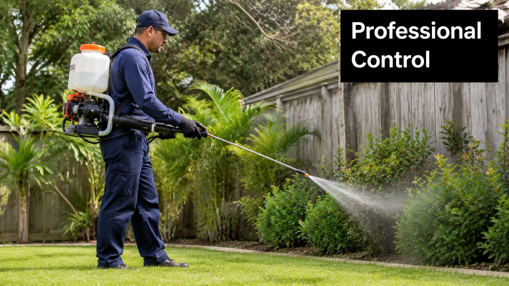 A professional pest control technician using a backpack sprayer to treat a yard for mosquitoes.