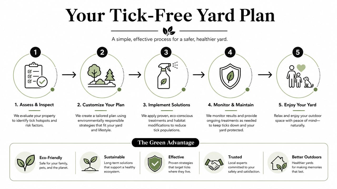A five-step infographic showing a tick-free yard treatment plan for safe and healthy outdoor living.