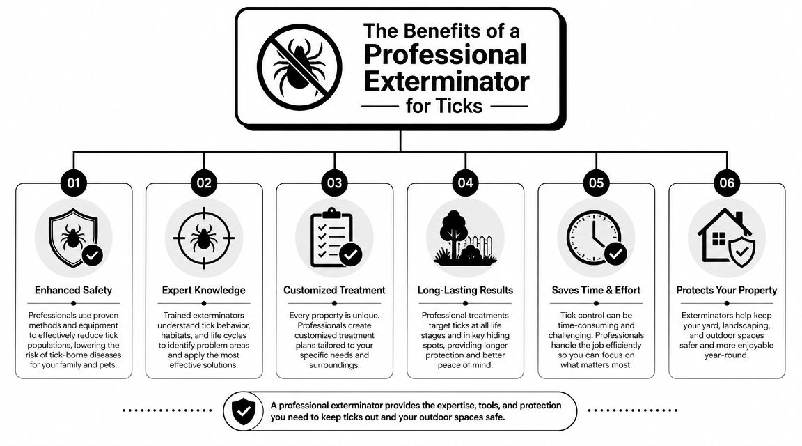 An infographic detailing six key benefits of hiring a professional exterminator for effective tick control.