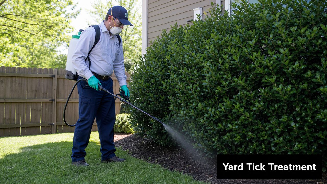 A professional pest control technician wearing protective gear sprays pesticide on a residential hedge to kill ticks.