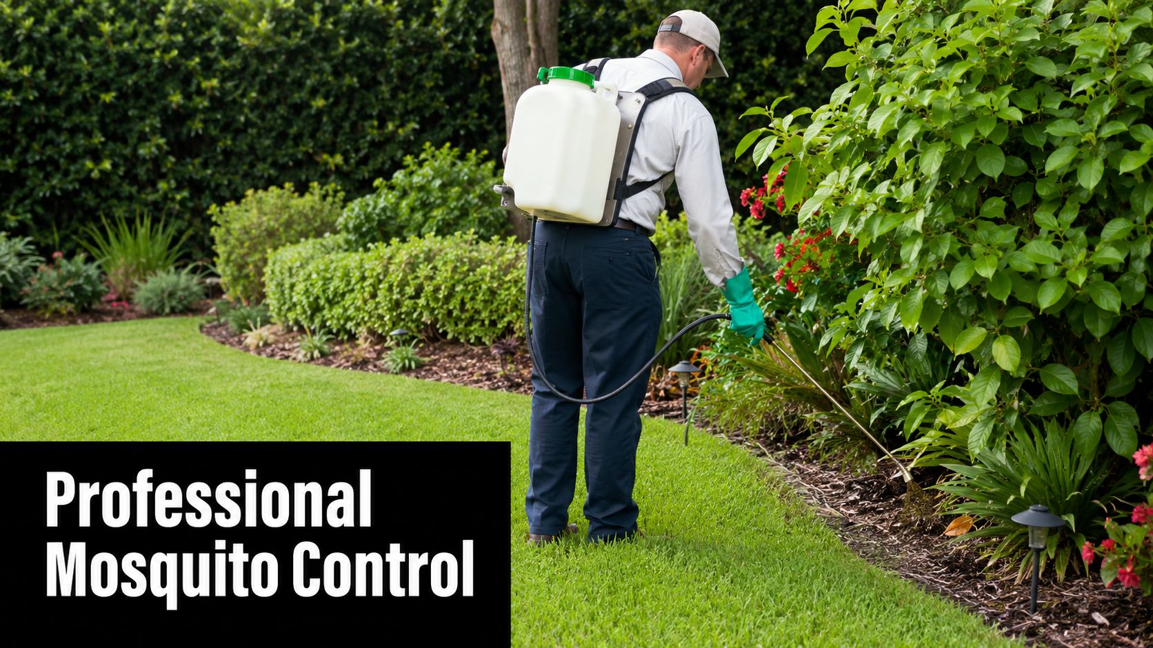 A professional pest control worker in protective gear spraying a residential garden to control mosquitoes.