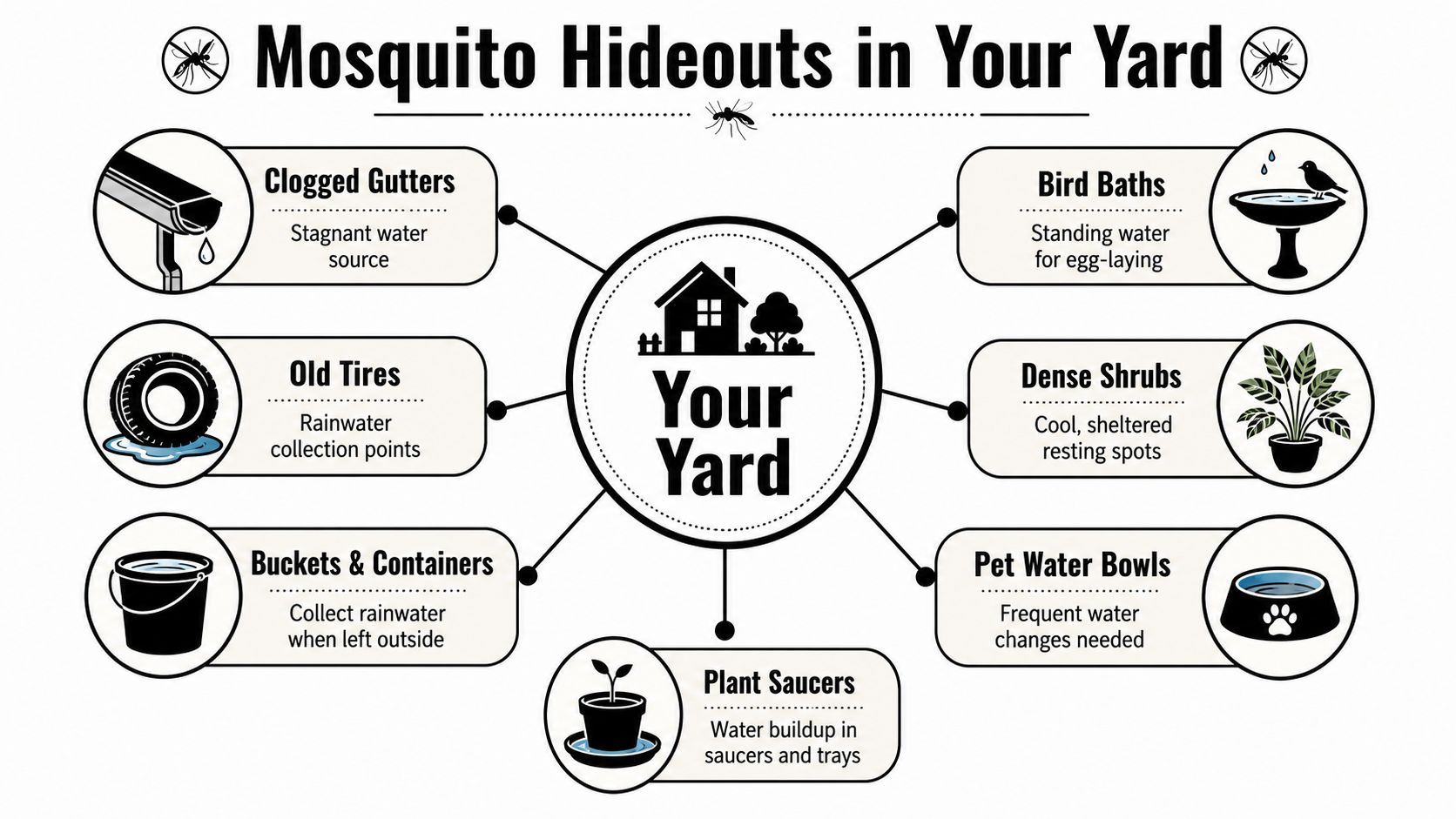 An infographic illustrating seven common mosquito hideout locations in a residential yard for mosquito control.