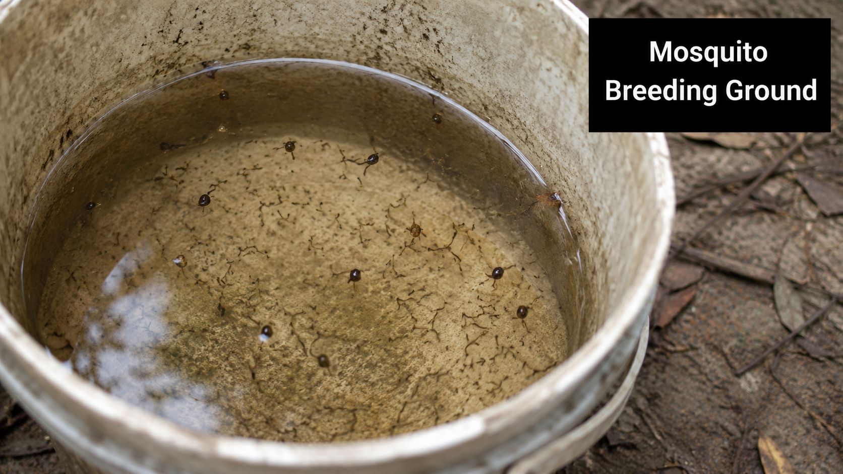 A plastic bucket filled with water containing many mosquito larvae as a potential breeding ground for insects.