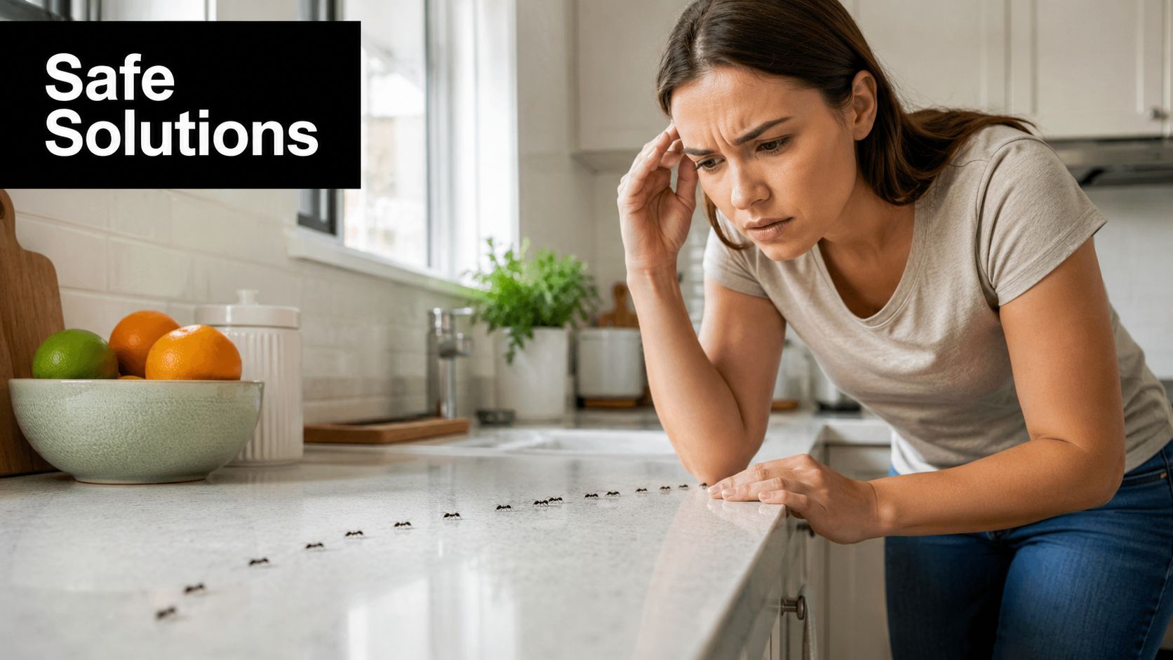 A concerned woman watches a line of ants crawling across her kitchen countertop while feeling distressed.