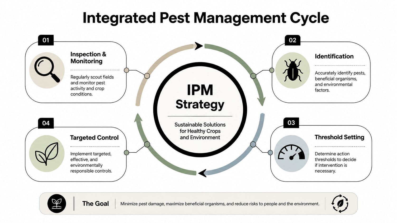 A circular diagram illustrating the Integrated Pest Management cycle featuring inspection, identification, threshold setting, and targeted control.